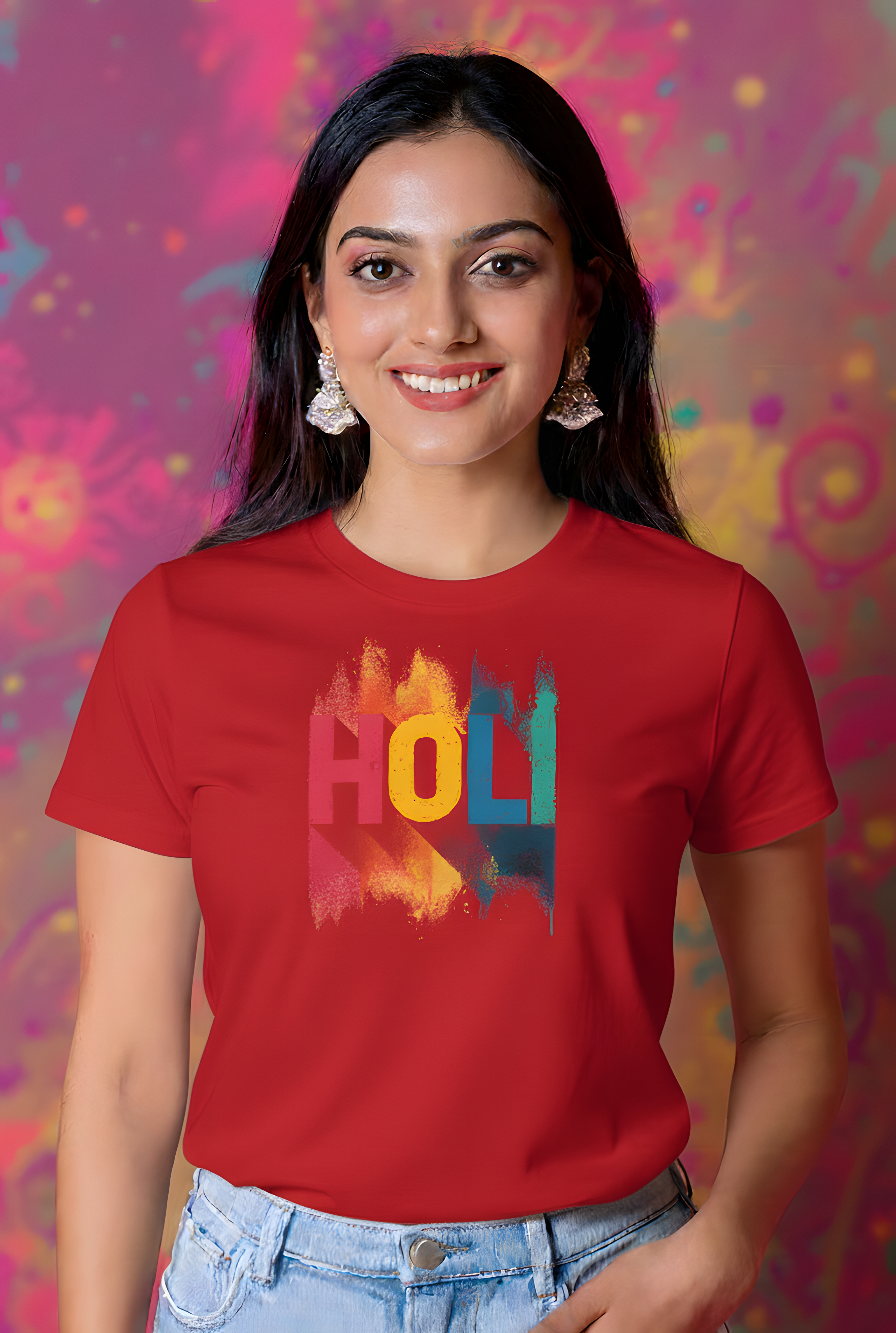 Bold Holi Typography Graphic Cotton T-Shirt for Women - Storeily