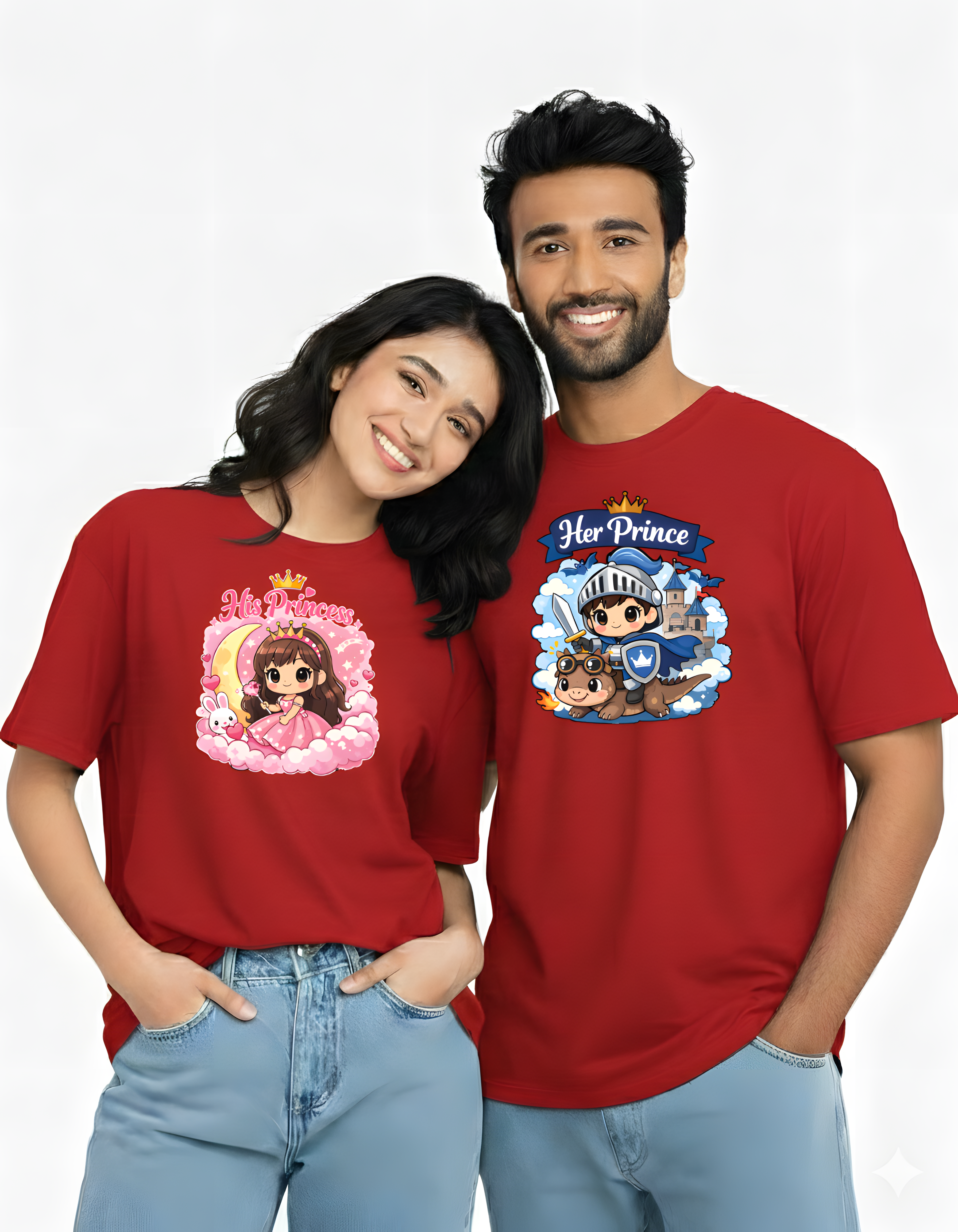 Valentine Special Couple Cotton Oversized T-Shirts – His Princess & Her Prince Theme (Set of 2) - Storeily