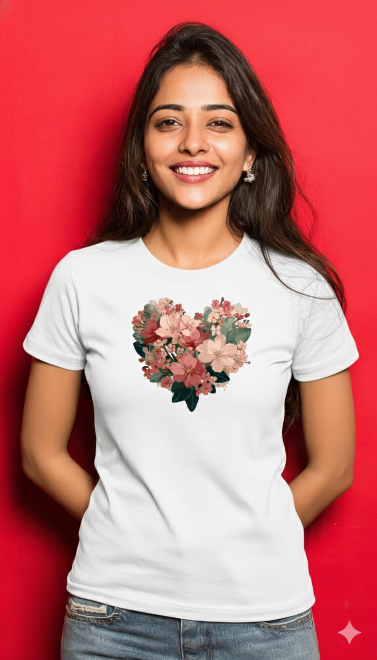 Valentine Floral Heart Graphic Cotton T-Shirt