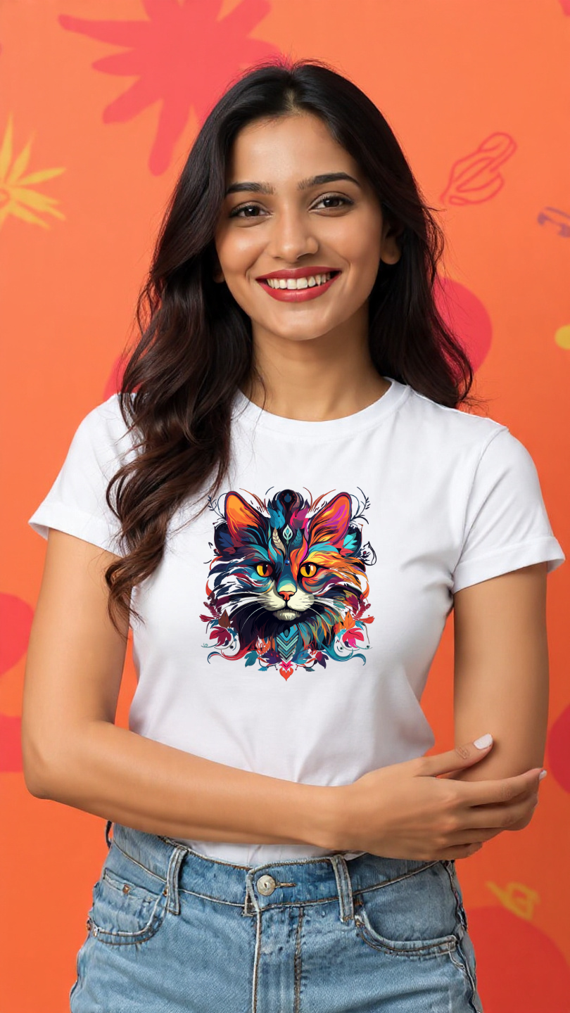 Vibrant Cat Art Women's Cotton T-Shirt
