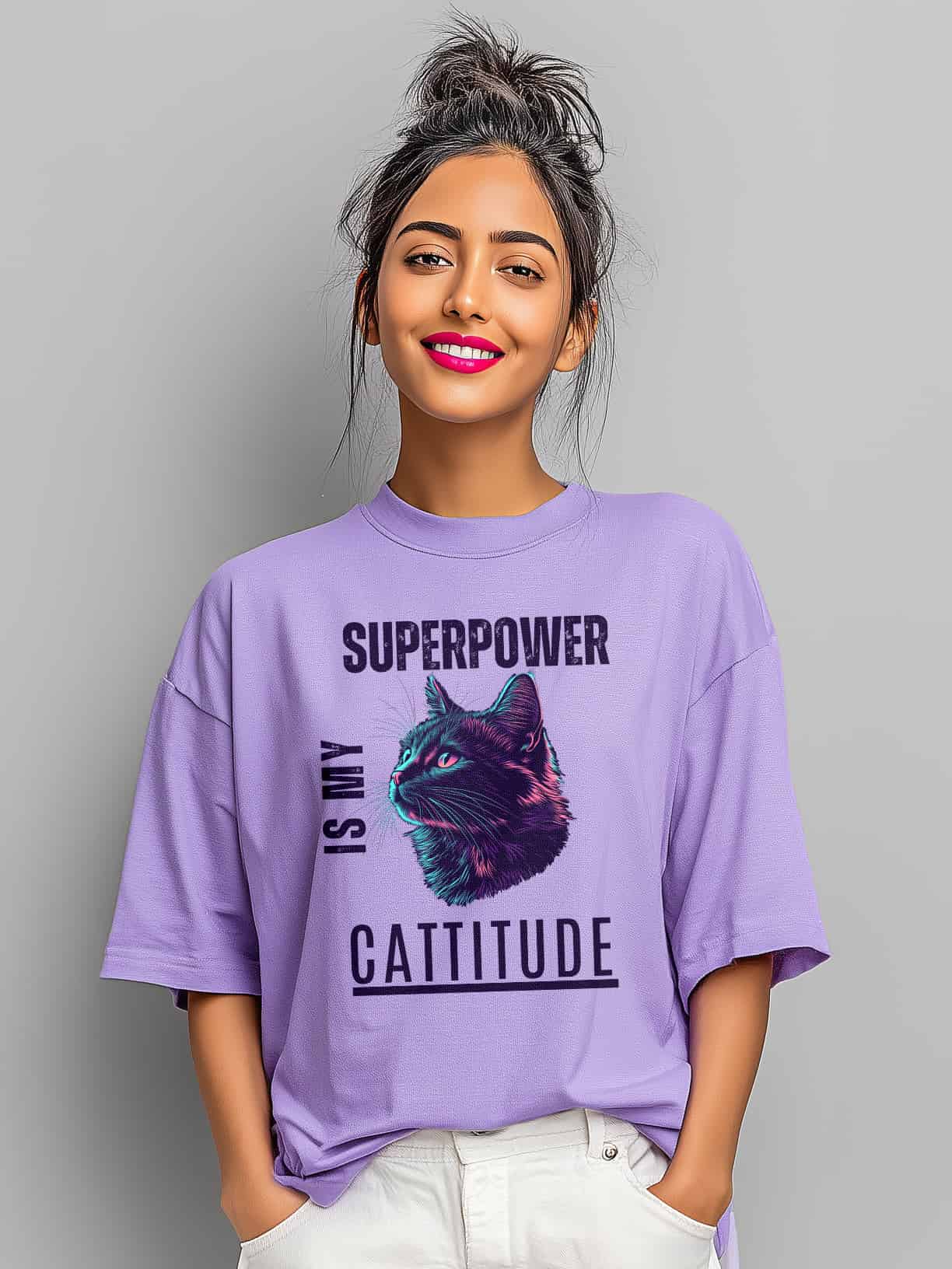 Cattitude Is My Superpower | Oversized Cat Graphic Cotton T-Shirt