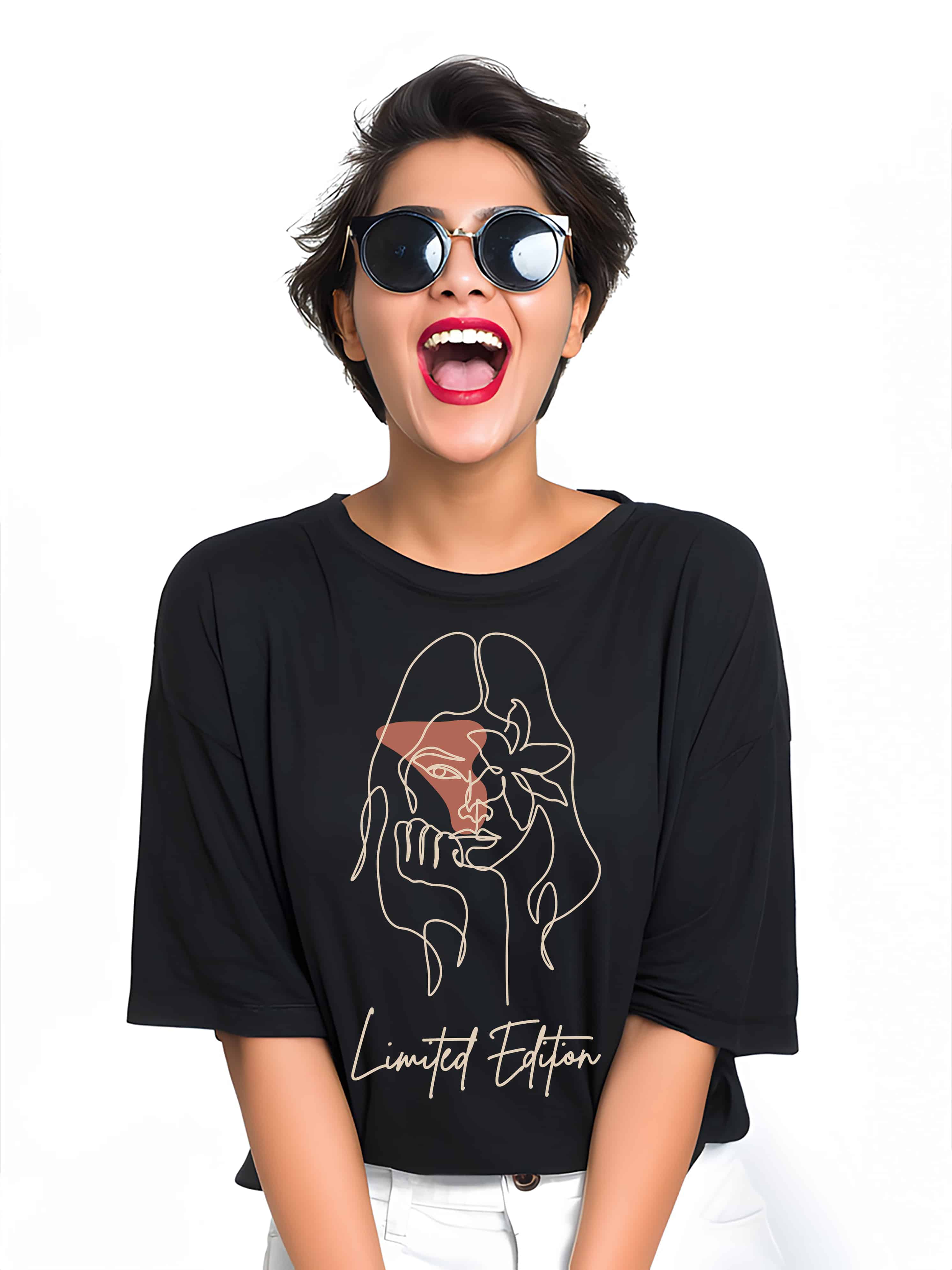 Abstract Face & Floral Line Art Design- Limited Edition Women's Oversized Cotton T-Shirt