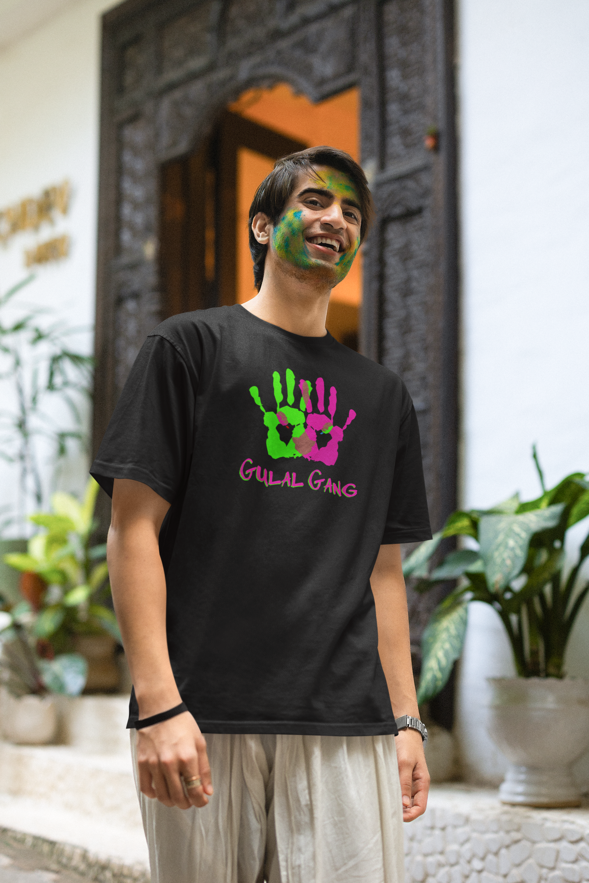 'Gulal Gang' Colorful Hands Design Oversized T-shirt for Men| Storeily