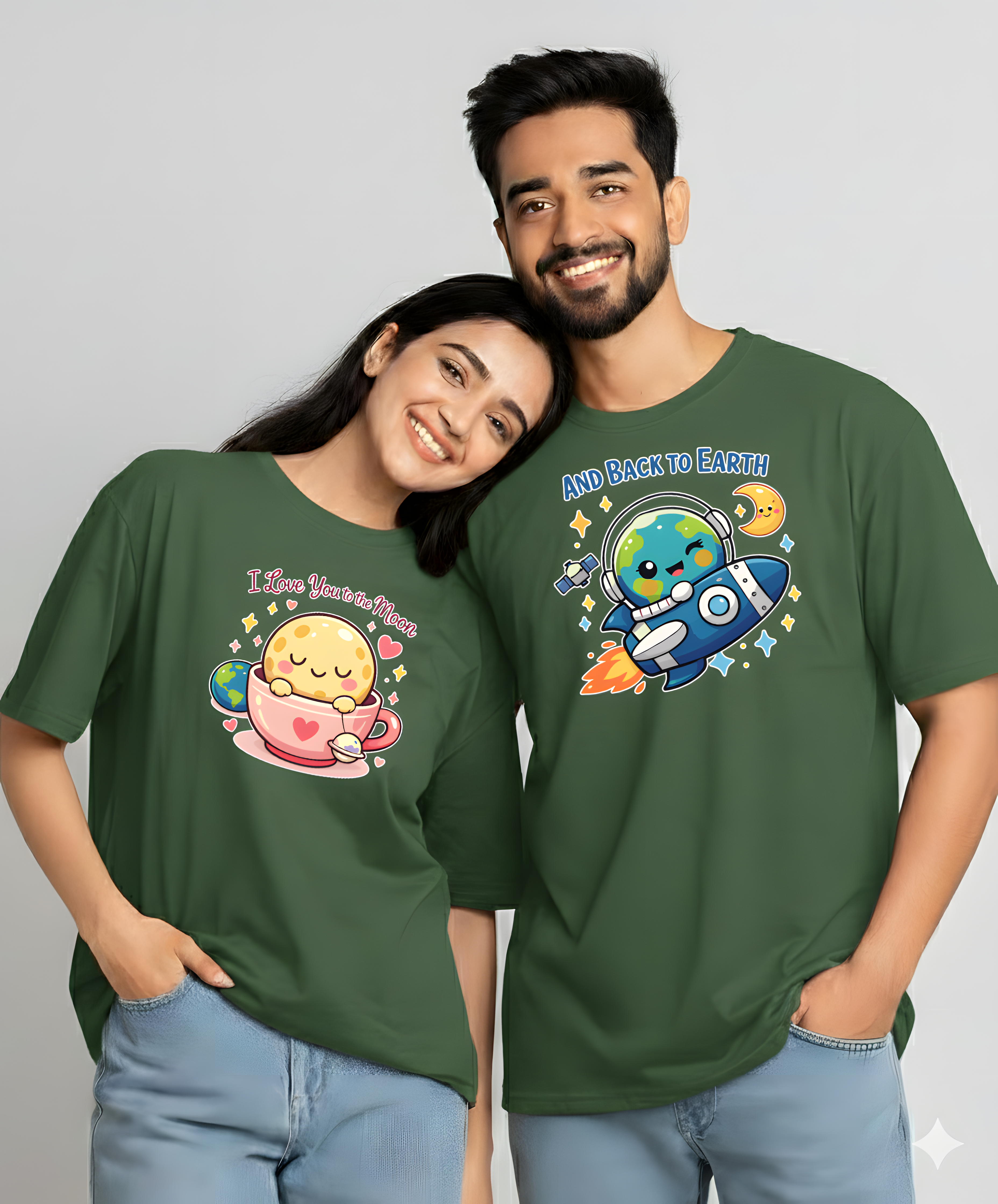 Valentine Special Couple Cotton Oversized T-Shirts – Moon & Earth Love Theme (Set of 2) - Storeily