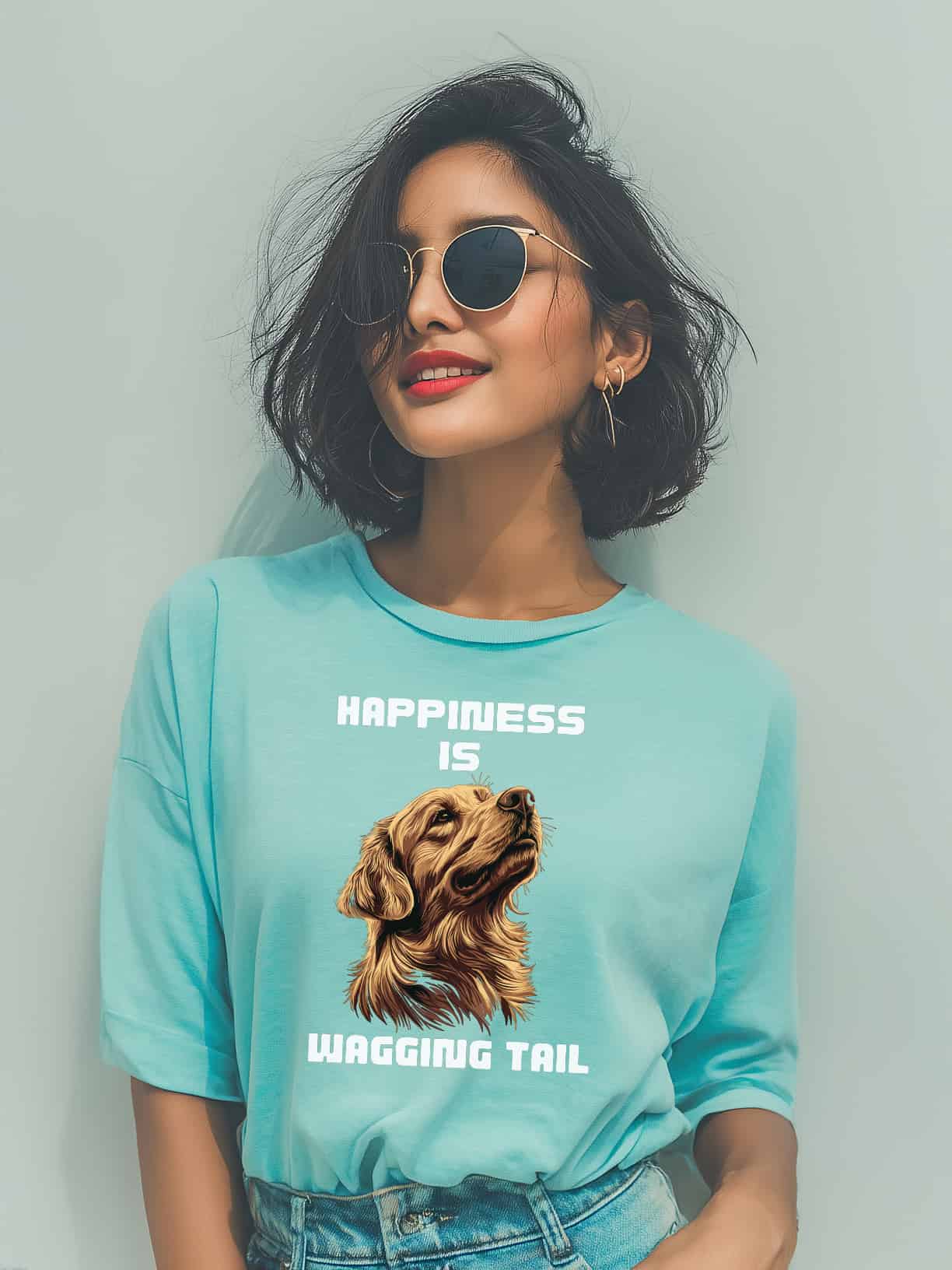 Happiness is a Wagging Tail | Women's Oversized Cat Graphic Cotton T-Shirt