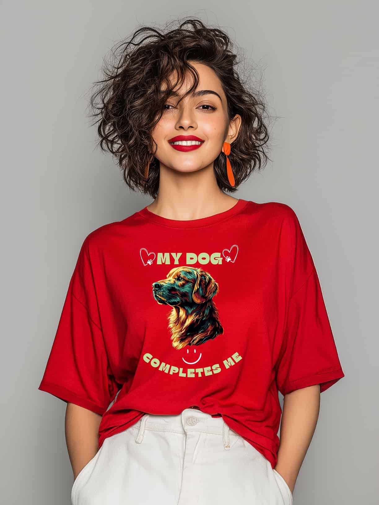 My Dog Completes Me | Women's Oversized Cat Graphic Cotton T-Shirt