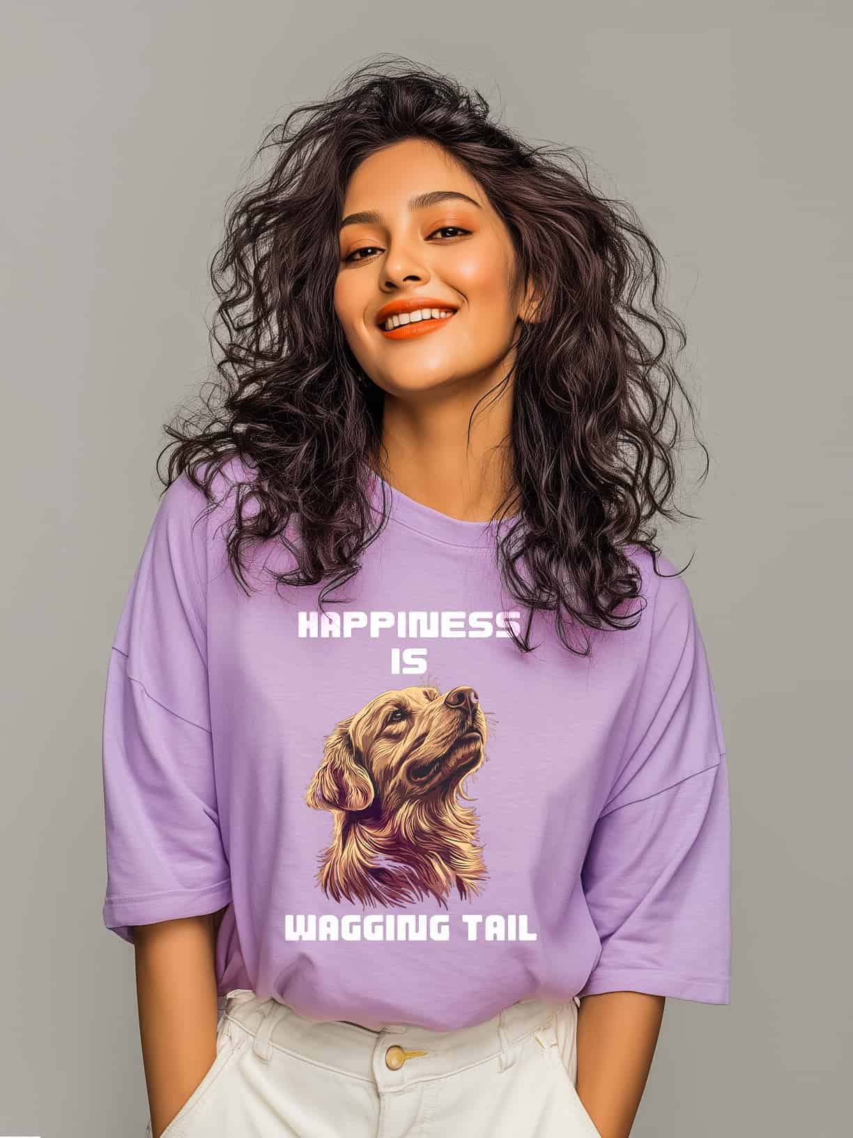 Happiness is a Wagging Tail | Women's Oversized Cat Graphic Cotton T-Shirt