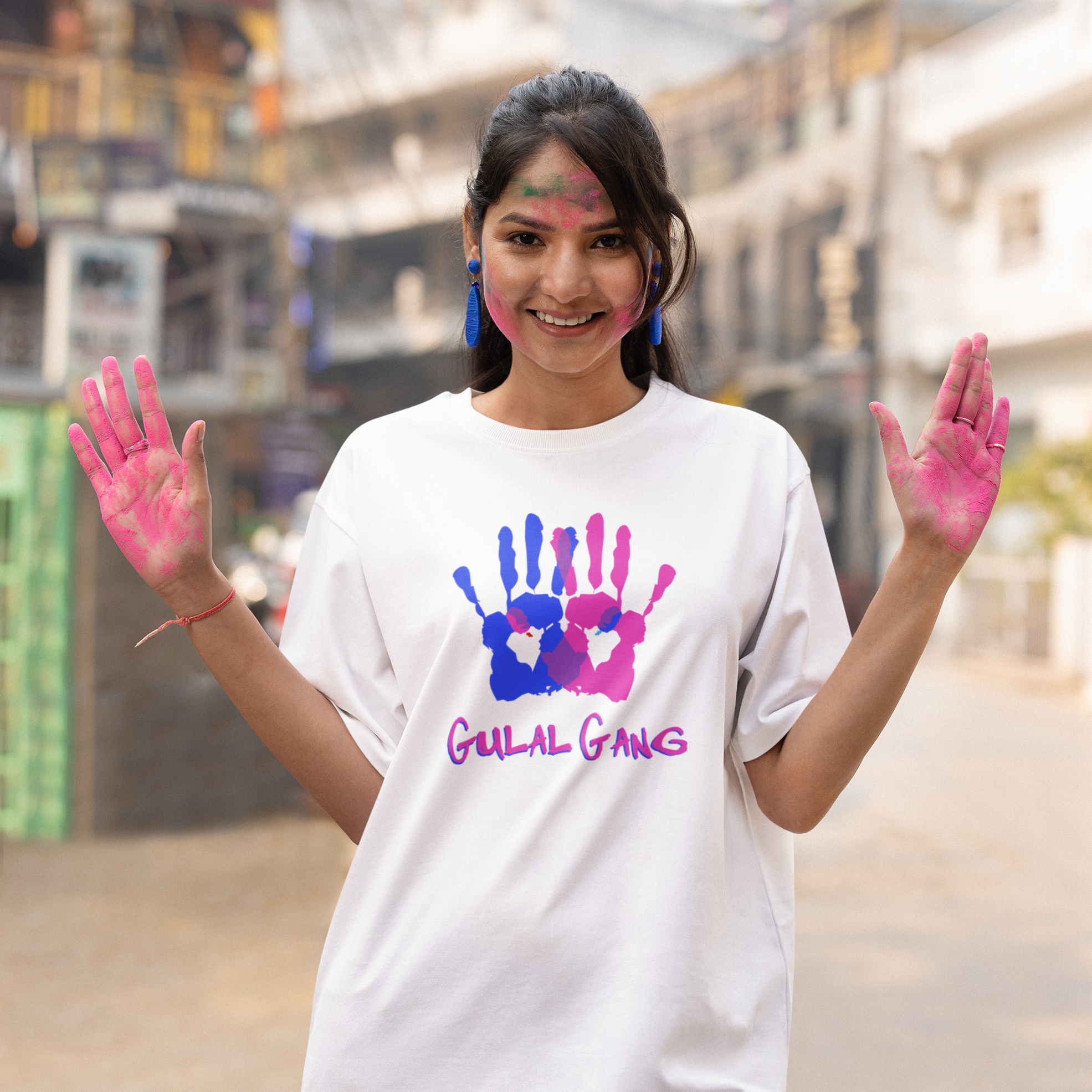 'Gulal Gang' Colorful Hands Design Women's oversized t-shirt| Storeily