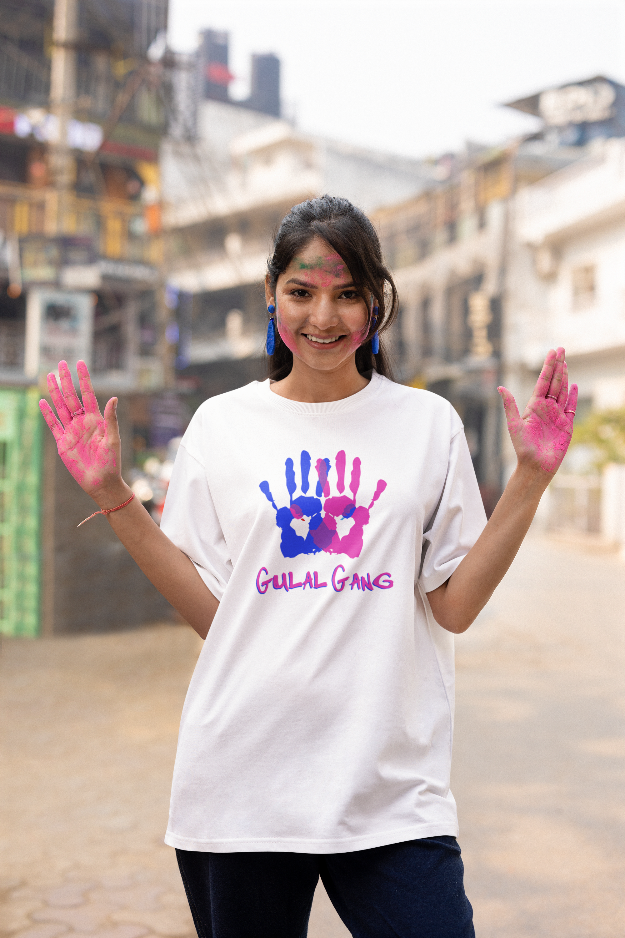 'Gulal Gang' Colorful Hands Design Women's oversized t-shirt