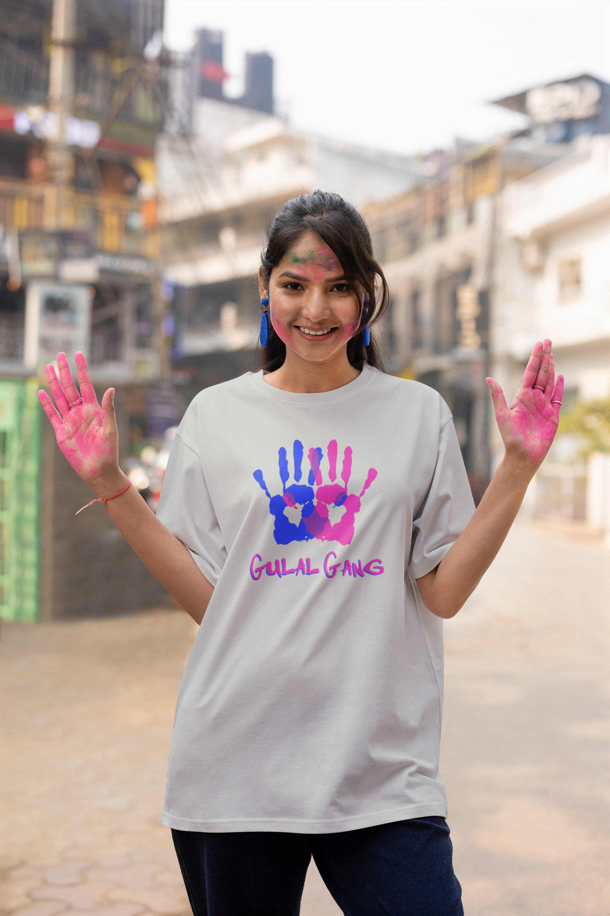 'Gulal Gang' Colorful Hands Design Women's oversized t-shirt| Storeily