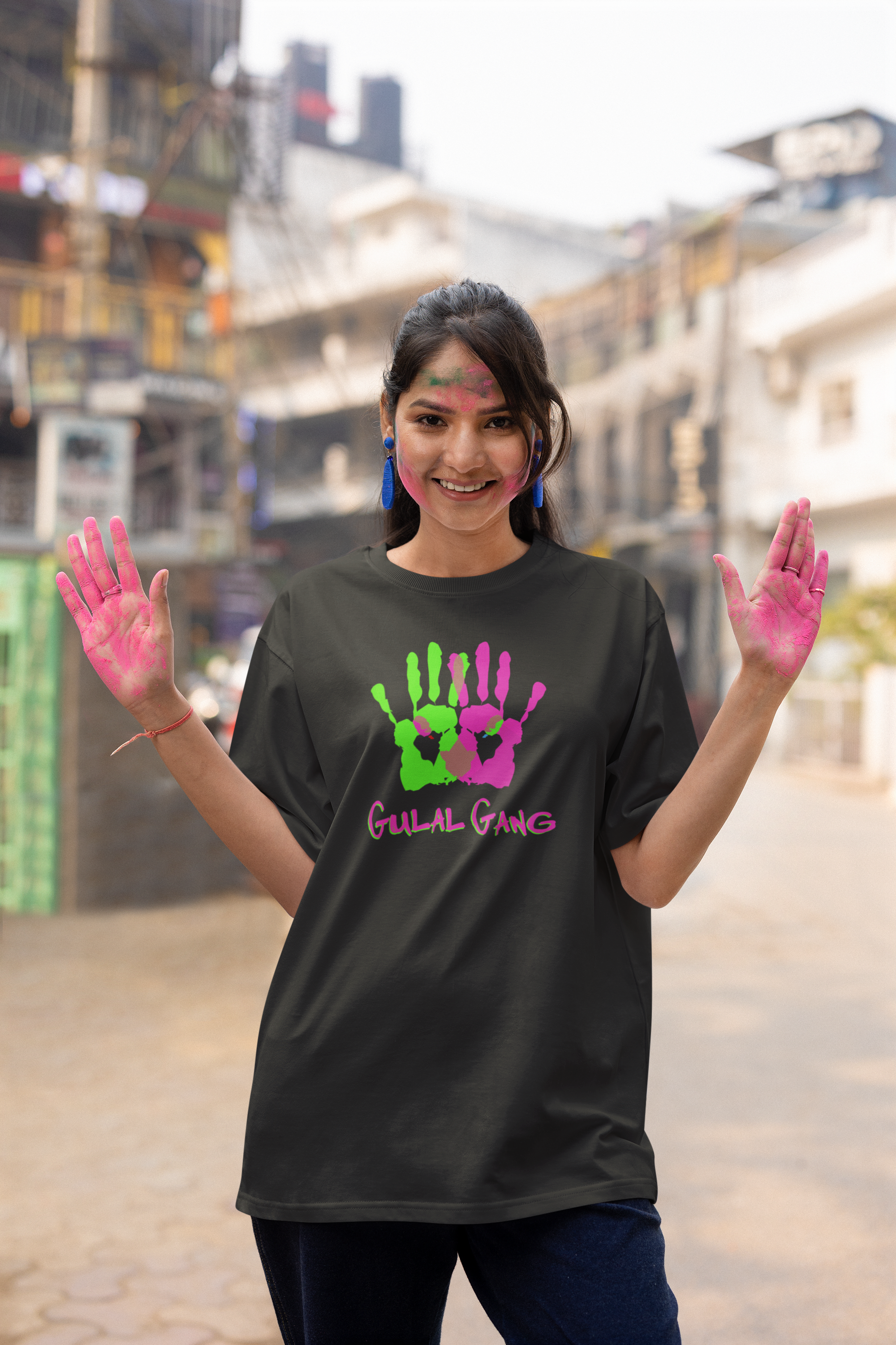 'Gulal Gang' Colorful Hands Design Women's oversized t-shirt| Storeily