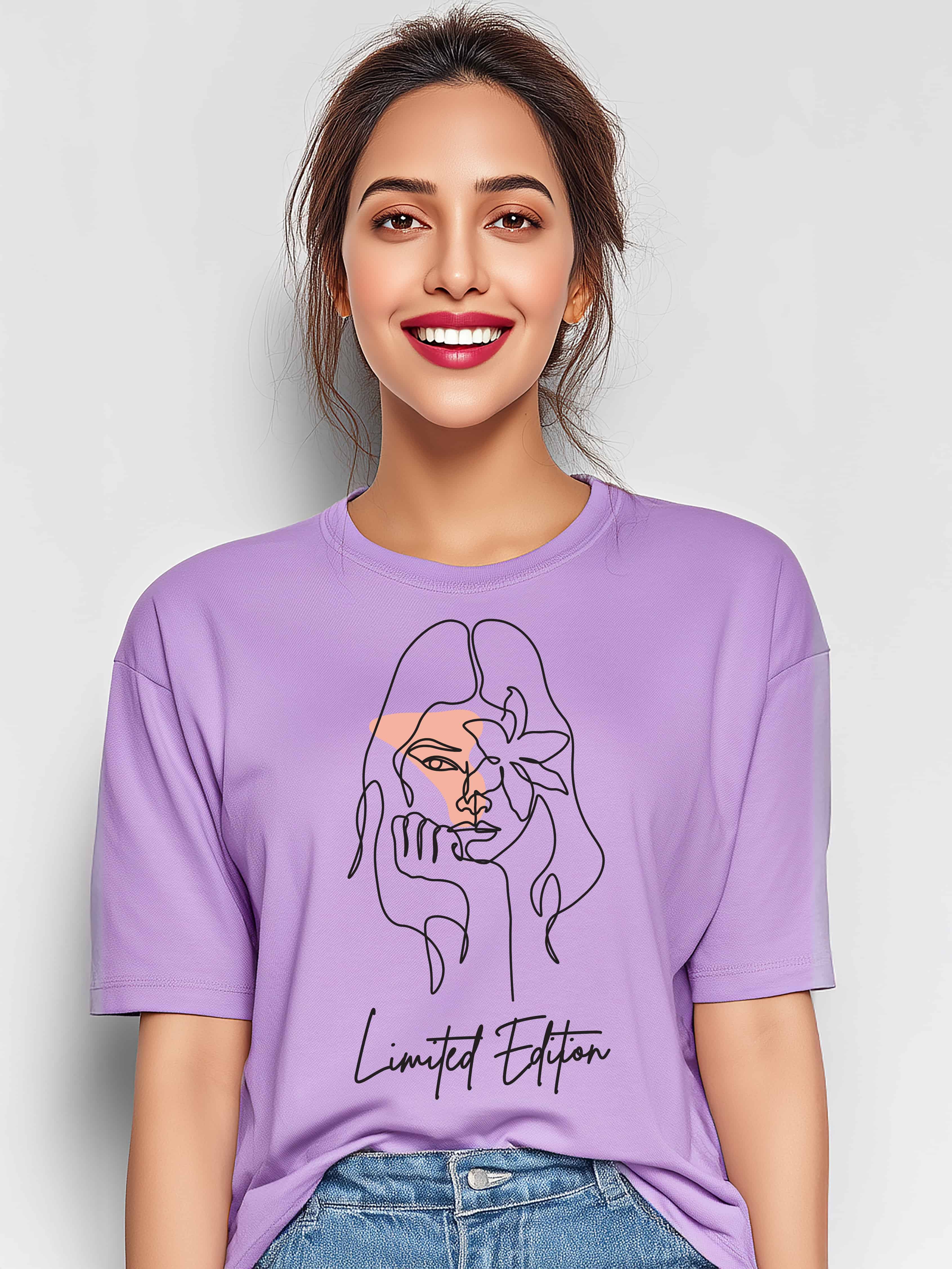 Abstract Face & Floral Line Art Design- Limited Edition Women's Oversized Cotton T-Shirt