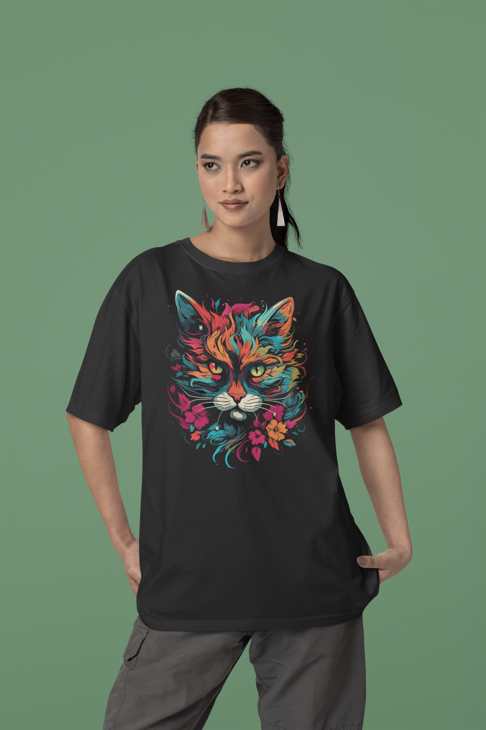 Purr-fectly Playful Cat Oversized Women Cotton T-shirt