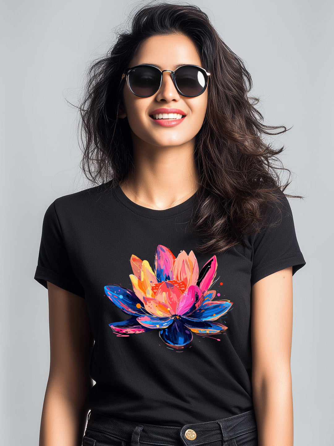 Vibrant Colorful Flower Design Women's Cotton  T-Shirt