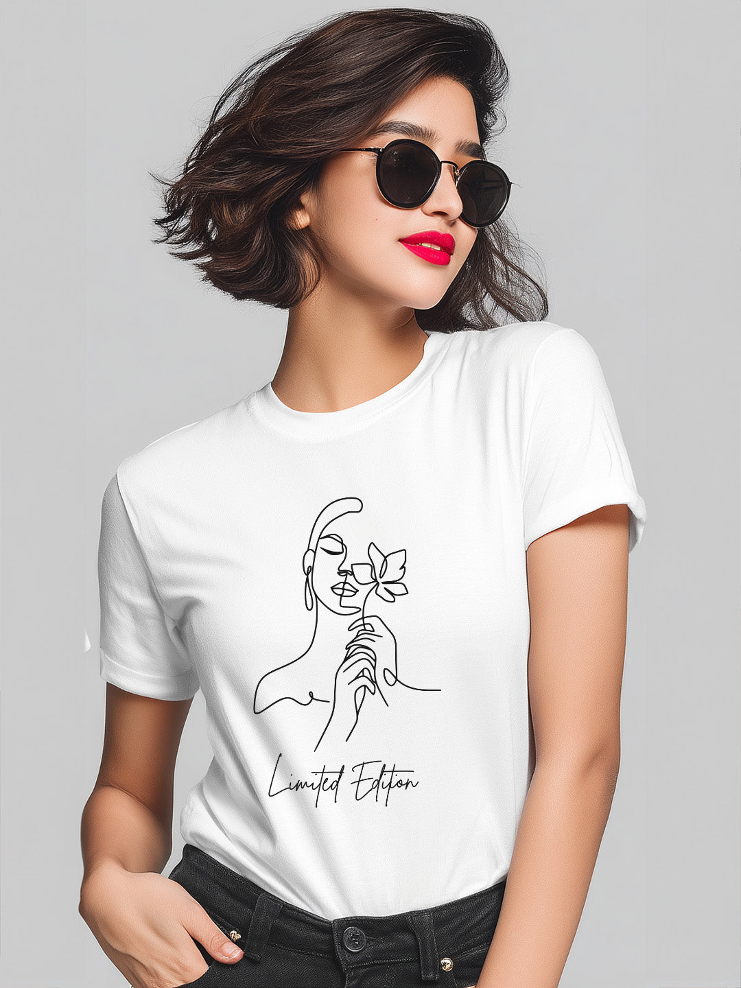 Limited Edition Cotton tshirt for women with Minimalistic Women with Flower Design