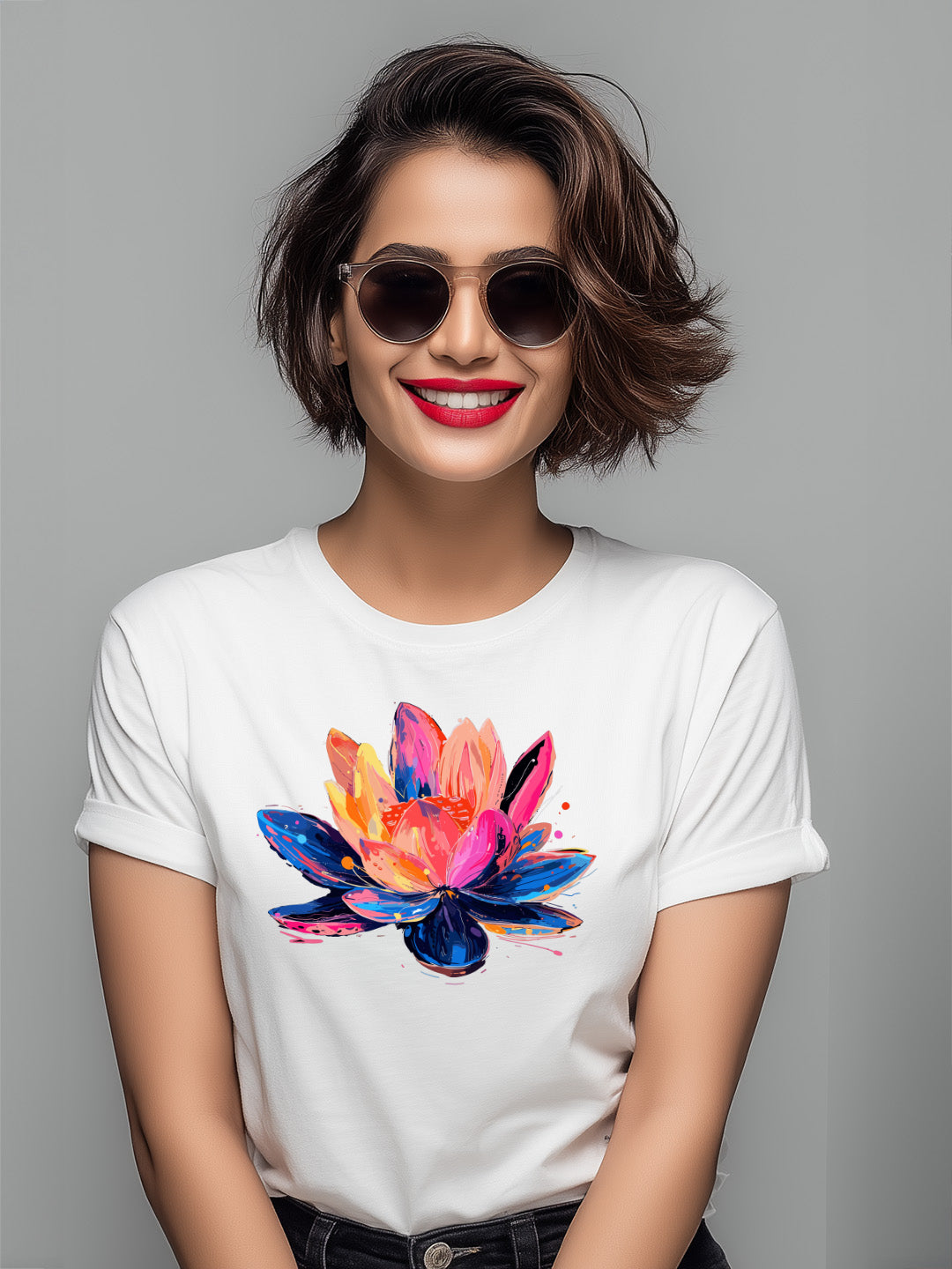 Vibrant Colorful Flower Design Women's Cotton  T-Shirt