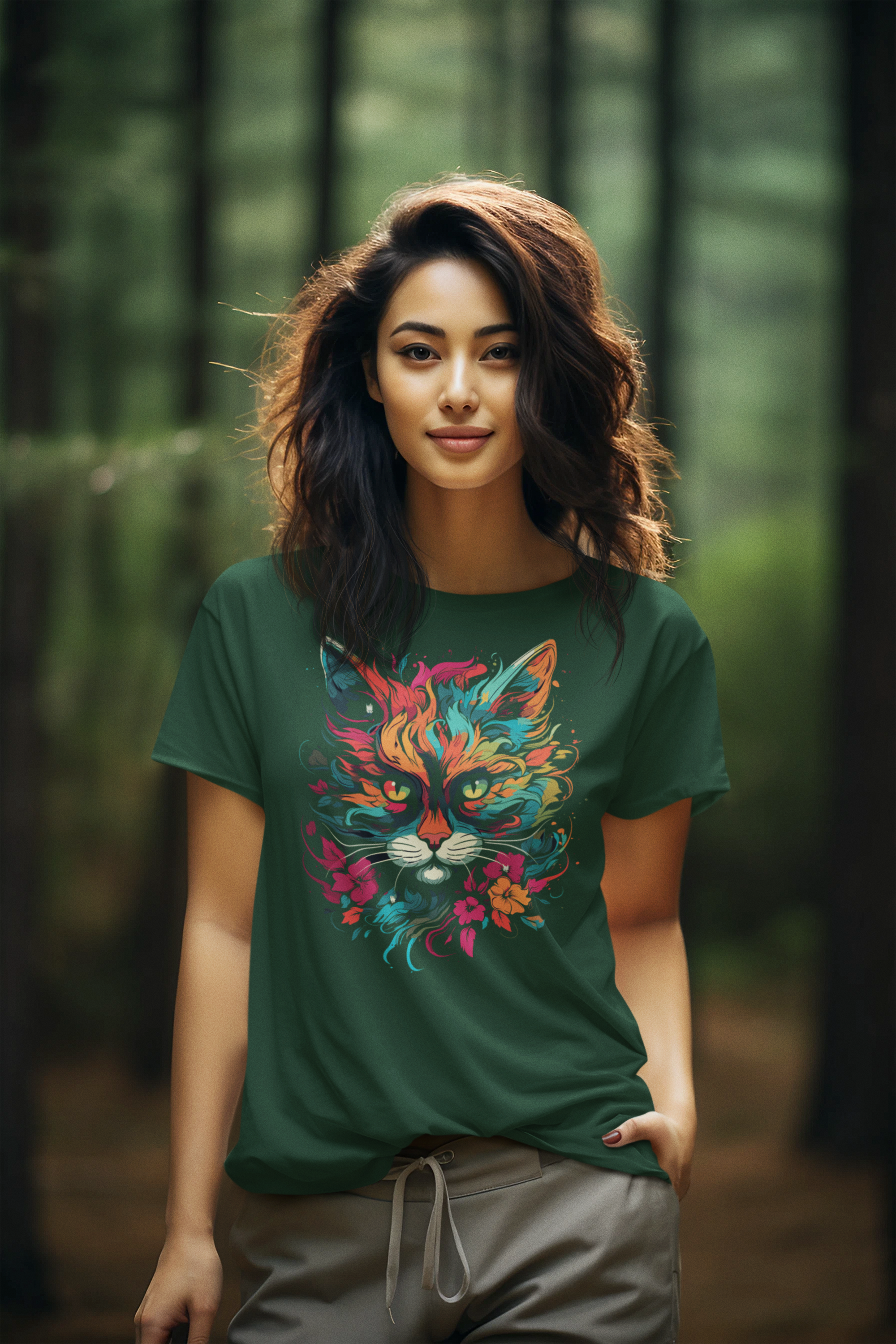 Women's Colorful Cat design Cotton T-Shirt