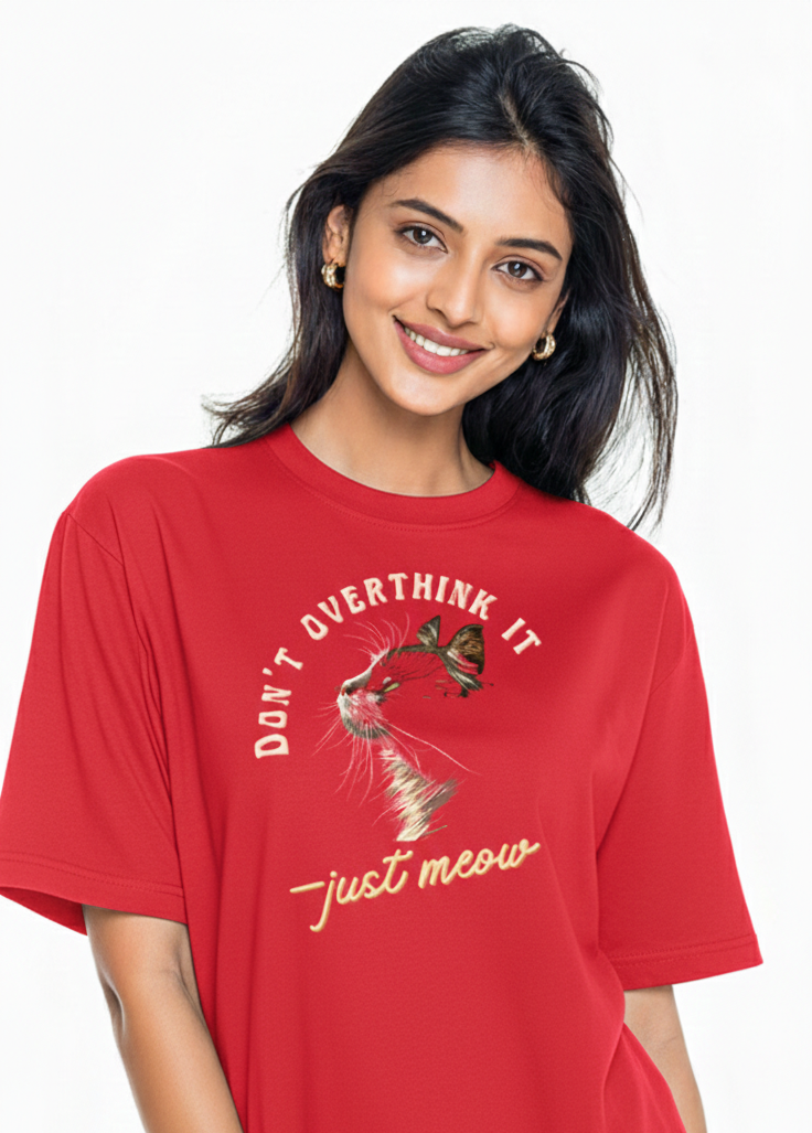 Don’t Overthink It—Just Meow | Oversized Cat Graphic Cotton T-Shirt - Storeily