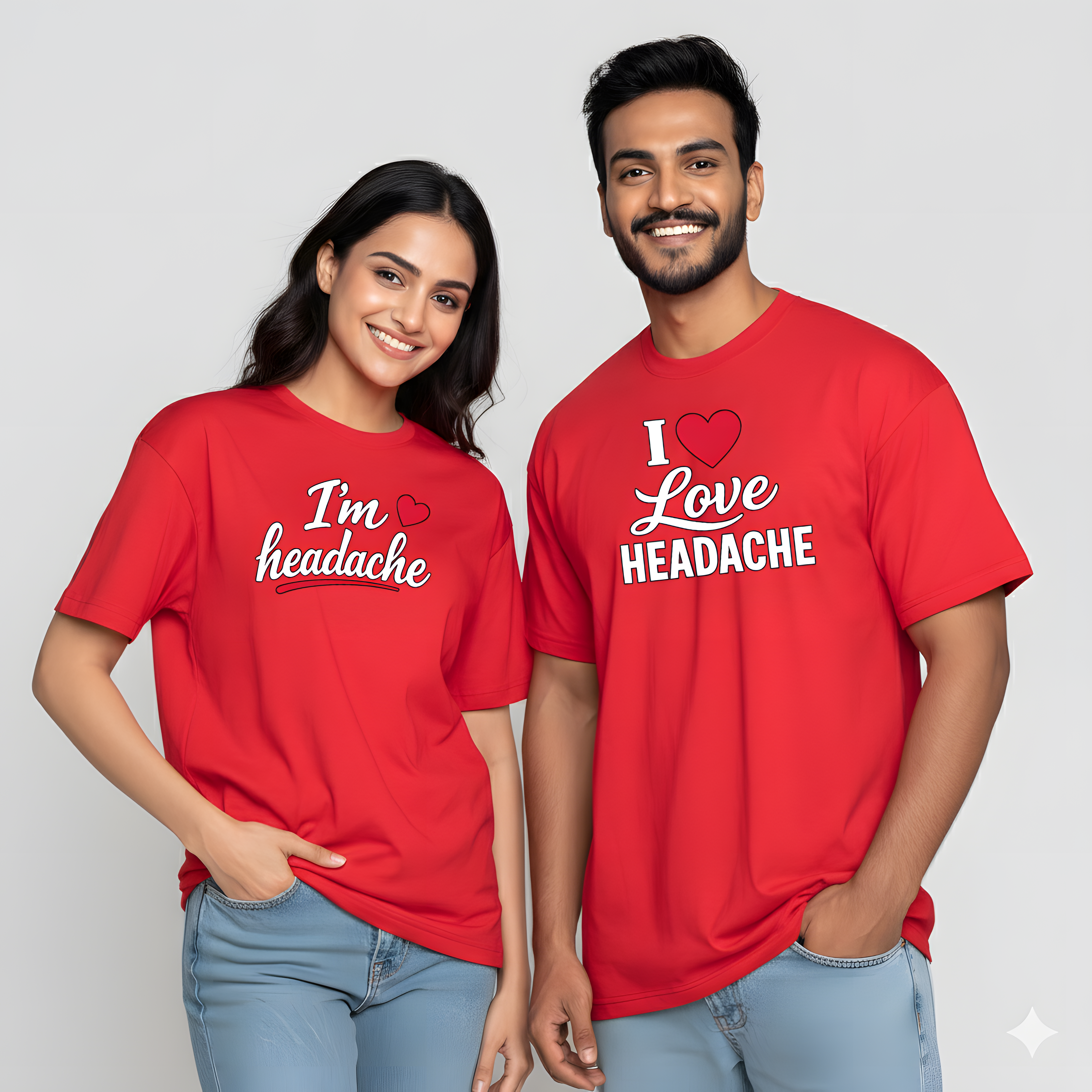 Valentine Special Couple Cotton Oversized T-Shirts – I’m Headache & I Love Headache Theme (Set of 2) - Storeily
