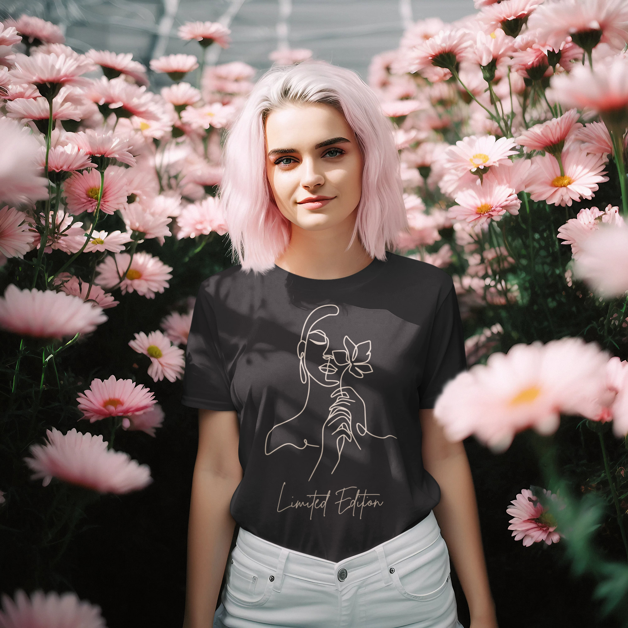 'New Limited Edition' Women's Cotton T-Shirt with Minimalistic Women with Flower Design