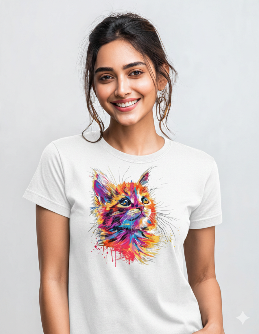 Adorable Cat Design Women's Cotton T-shirt for cat lovers - Storeily