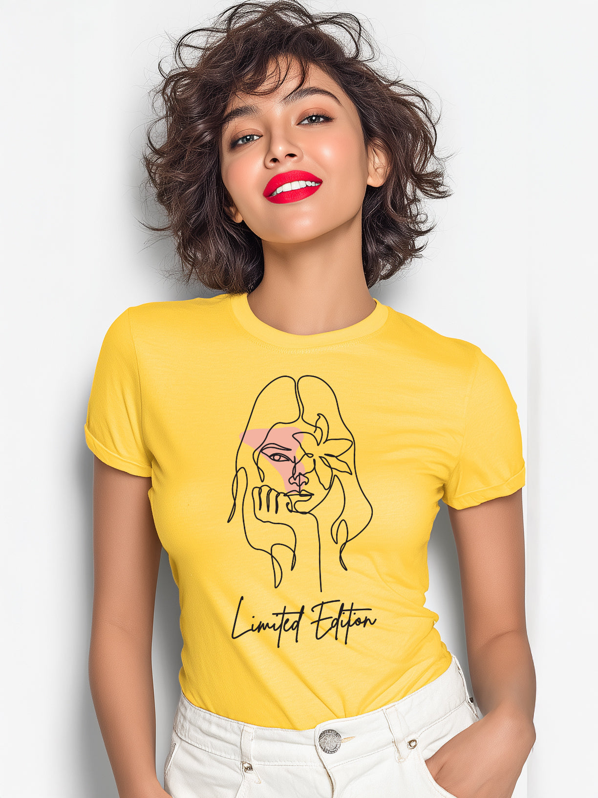 Abstract Face & Floral Line Art Design- Limited Edition Women's Cotton T-Shirt